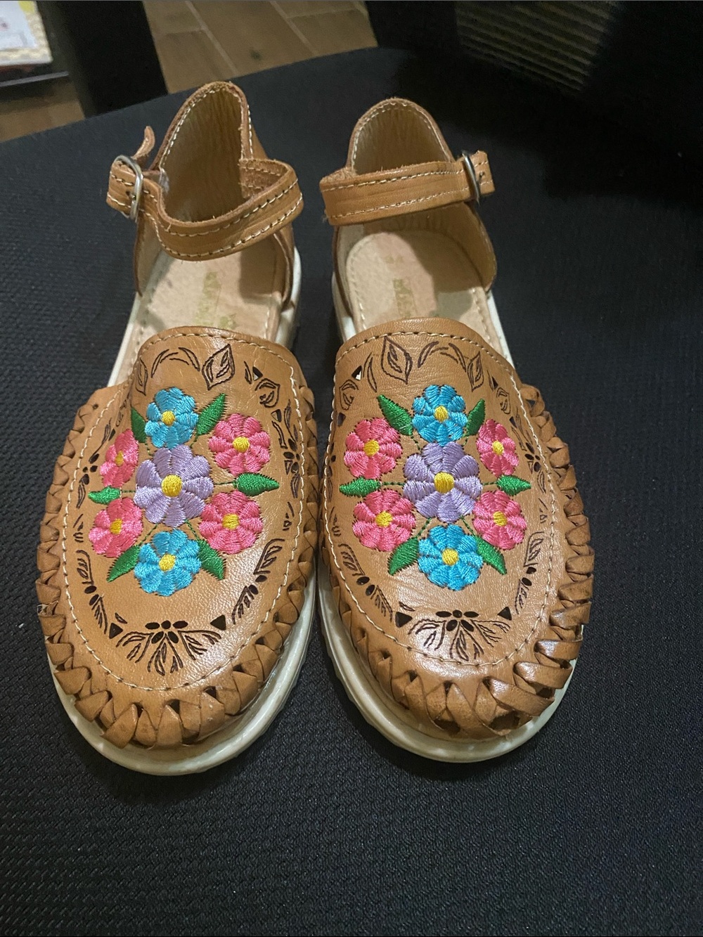 Tan Embroidered Floral Leather Huarache Sandals